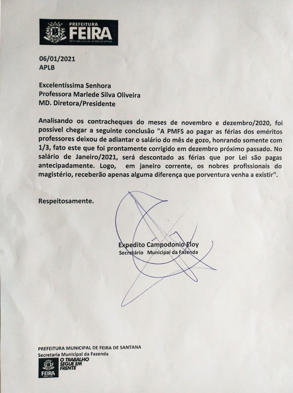 Informe Jurídico da Rede Municipal de Feira de Santana sobre resposta do Governo referente a complementação de férias