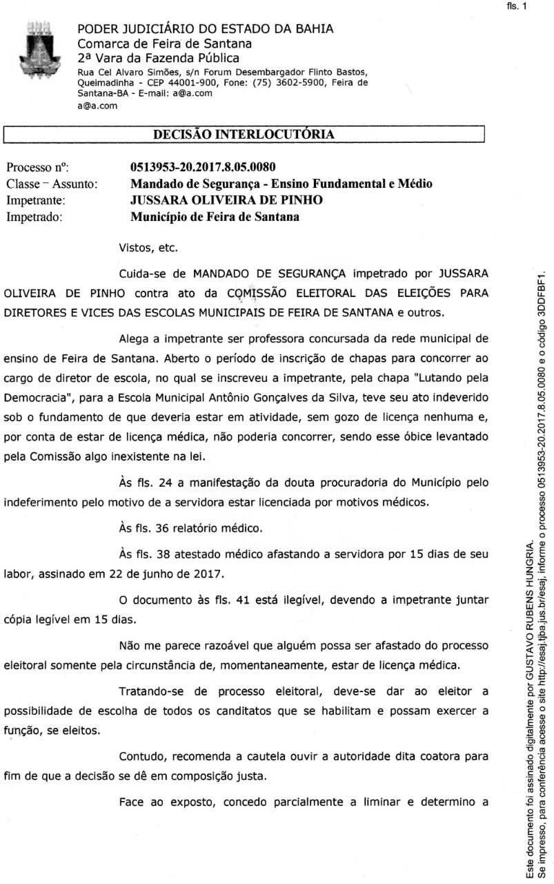 Juíz da 2º Vara da Fazenda Pública de Feira de Santana suspende eleição para gestor da Escola Municipal Antônio Gonçalves da Silva